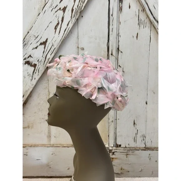 Vintage 1950's Pink Floral Hat with Chiffon Petals Blooms - Spring Garden Party - Picture 3 of 5